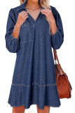 V-neck Seven Quarter Bubble Long Sleeve Denim Dress