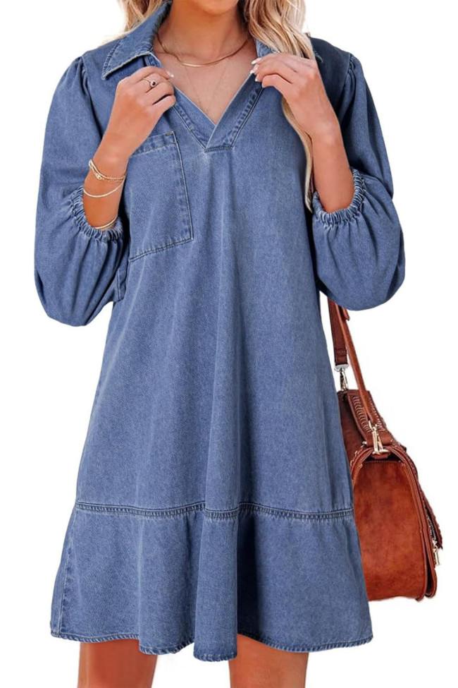 V-neck Seven Quarter Bubble Long Sleeve Denim Dress