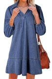 V-neck Seven Quarter Bubble Long Sleeve Denim Dress