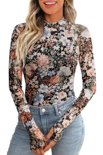 High Neck Long Sleeved Lace Floral Mesh Base T-shirt