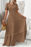 Solid Color Linen V-neck Short Sleeved Elastic Waist Dress