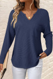 Waffle Solid Color Pocket Long Sleeved V-Neck Shirt