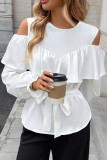 Long Sleeved Ruffled Off Shoulder Round Neck Shirt