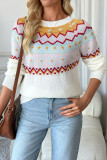 Contrasting Jacquard Long Sleeved Round Neck Sweater