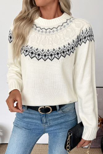 Long Sleeved Round Neck Jacquard Knitted Sweater