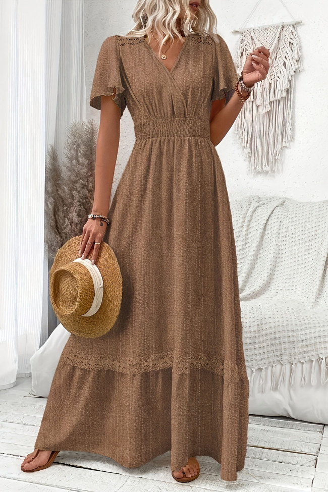 Solid Color Linen V-neck Short Sleeved Elastic Waist Dress