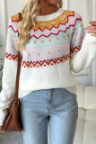 Contrasting Jacquard Long Sleeved Round Neck Sweater