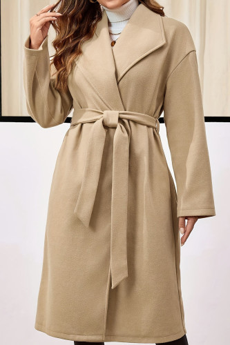 Solid Color Lapel Long Sleeved Waist Cinched Woolen Coat