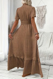 Solid Color Linen V-neck Short Sleeved Elastic Waist Dress