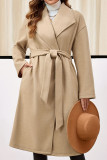 Solid Color Lapel Long Sleeved Waist Cinched Woolen Coat