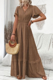 Solid Color Linen V-neck Short Sleeved Elastic Waist Dress