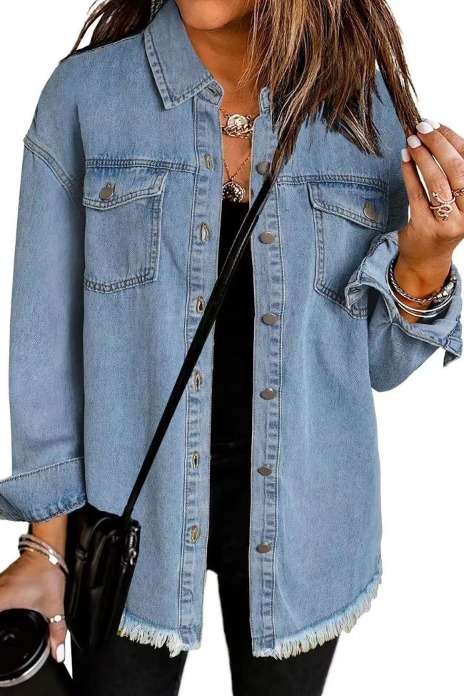 Lapel Long Sleeved Solid Color Denim Jacket