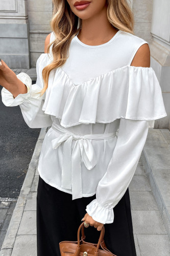 Long Sleeved Ruffled Off Shoulder Round Neck Shirt
