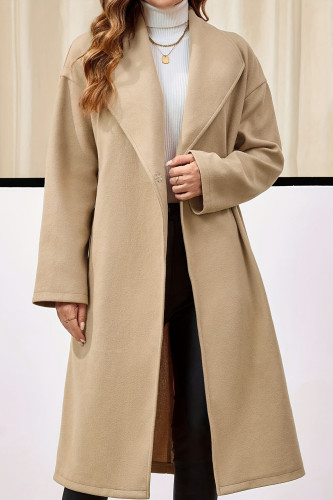 Solid Color Lapel Long Sleeved Waist Cinched Woolen Coat