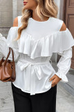 Long Sleeved Ruffled Off Shoulder Round Neck Shirt