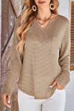 Waffle Solid Color Pocket Long Sleeved V-Neck Shirt