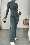 Solid Color High Neck Top Wide Leg Pants Two-piece Set