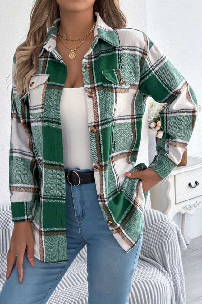 Plaid Printed Pocket Long Sleeved Woolen Jacket