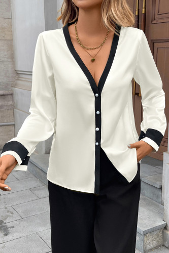 Pearl Button Deep V-neck Long Sleeved Shirt