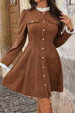 High Neck Corduroy Lace Long Sleeved Dress
