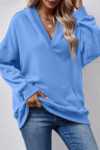 Solid Color Pocket Long Sleeved Hooded Sweatshirt