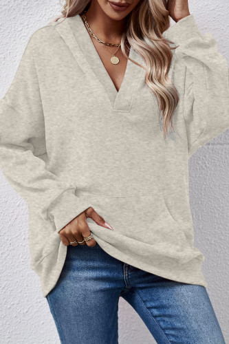 Solid Color Pocket Long Sleeved Hooded Sweatshirt