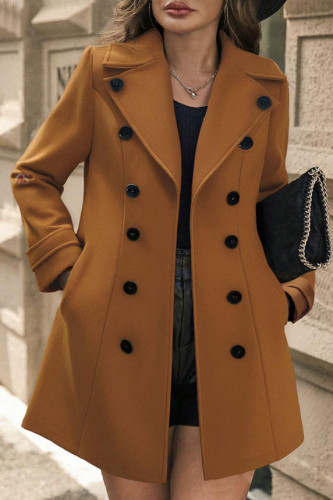 Double Breasted Lapel Long Sleeved Woolen Coat