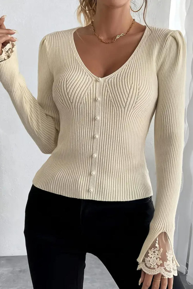 V-neck Lace Long Sleeved Sweater