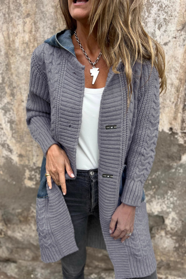 Loose Knit Denim Patchwork Cardigan Coat
