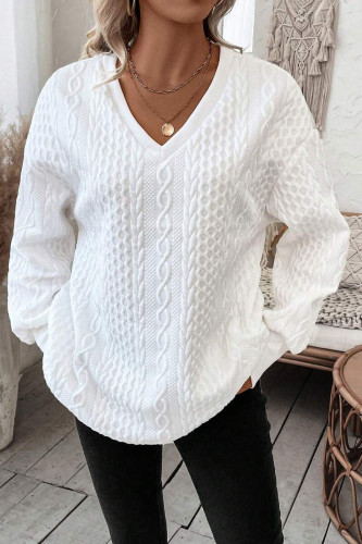 Solid Color V-neck Long Sleeved Loose T-shirt