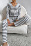 V-neck Striped Shirt and Pants Two-piece Set