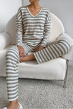 V-neck Striped Shirt and Pants Two-piece Set