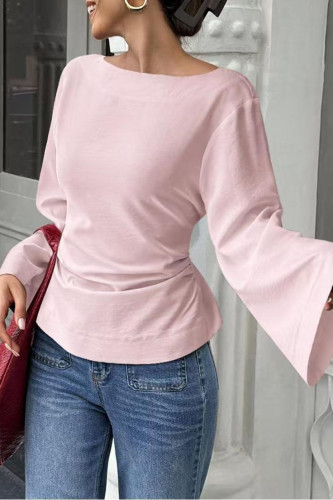 Solid Color Horn Long Sleeved Waist Cinching T-shirt