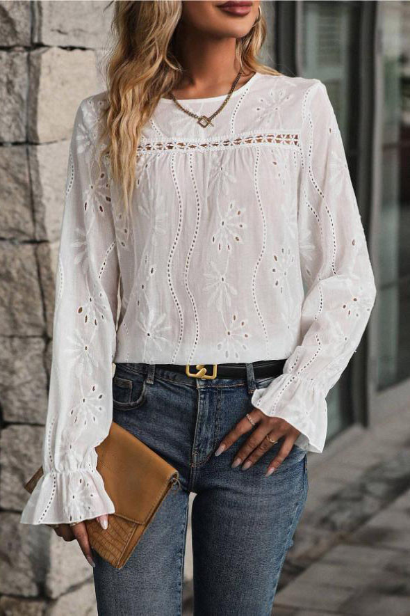 Round Neck Embroidered Flared Sleeve Lace Shirt