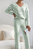 V-neck Striped Shirt and Pants Two-piece Set