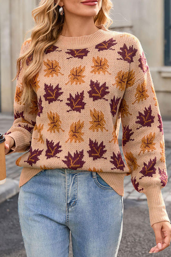 Maple Leaf Pattern Round Neck Knitted Sweater