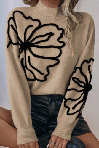 Embroidered Flower High Neck Long Sleeved Sweater