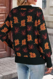 Maple Leaf Pattern Round Neck Knitted Sweater
