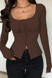 Solid Color Square Neck Long Sleeved Shirt