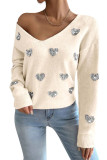 Love Pattern V-neck Long Sleeved Sweater