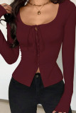 Solid Color Square Neck Long Sleeved Shirt