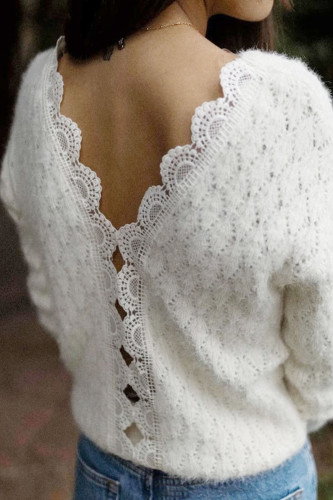 Long Sleeved Backless Lace Knit Sweater