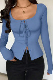 Solid Color Square Neck Long Sleeved Shirt