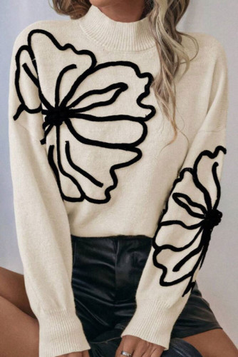 Embroidered Flower High Neck Long Sleeved Sweater