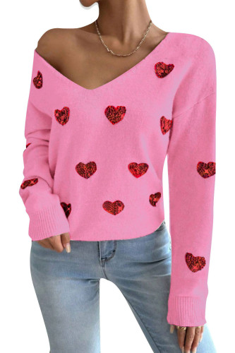 Love Pattern V-neck Long Sleeved Sweater