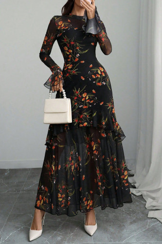 Lotus Leaf Edge Long Sleeved Printed Dress