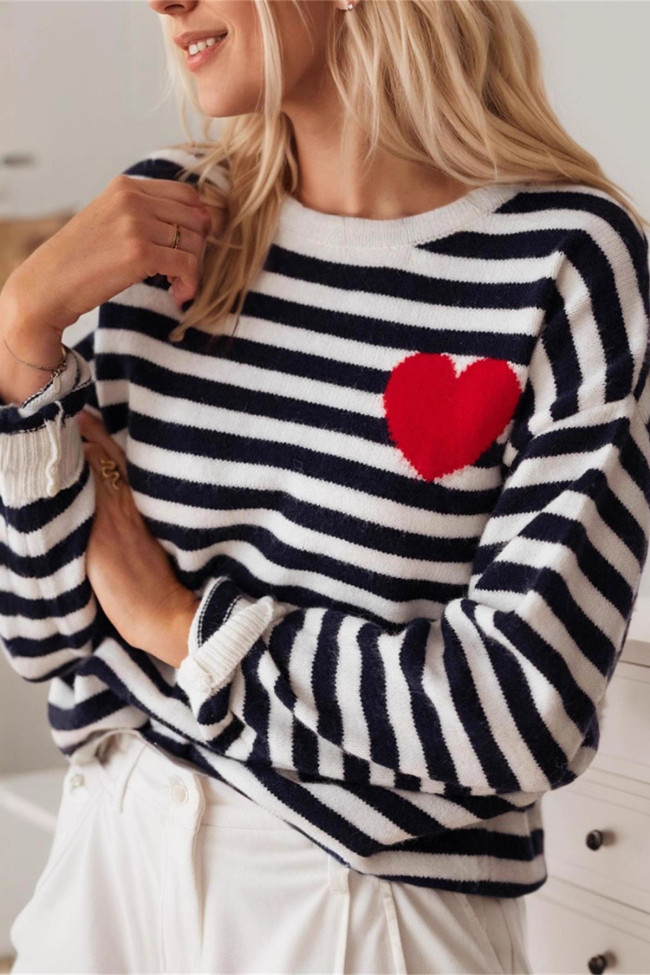 Round Neck Love Striped Long Sleeved Sweater