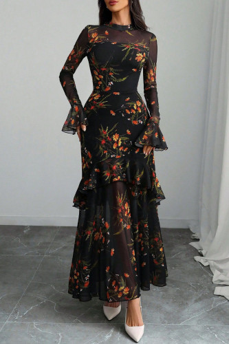 Lotus Leaf Edge Long Sleeved Printed Dress