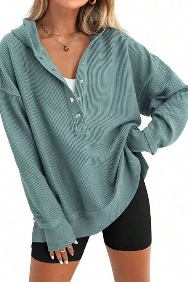 Solid Color Loose Long Sleeved Hooded Sweatshirt