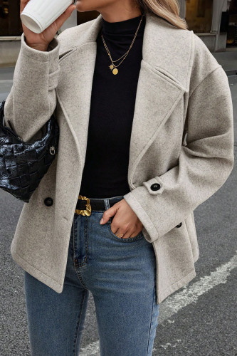 Solid Color Lapel Long Sleeved Woolen Cardigan Coat